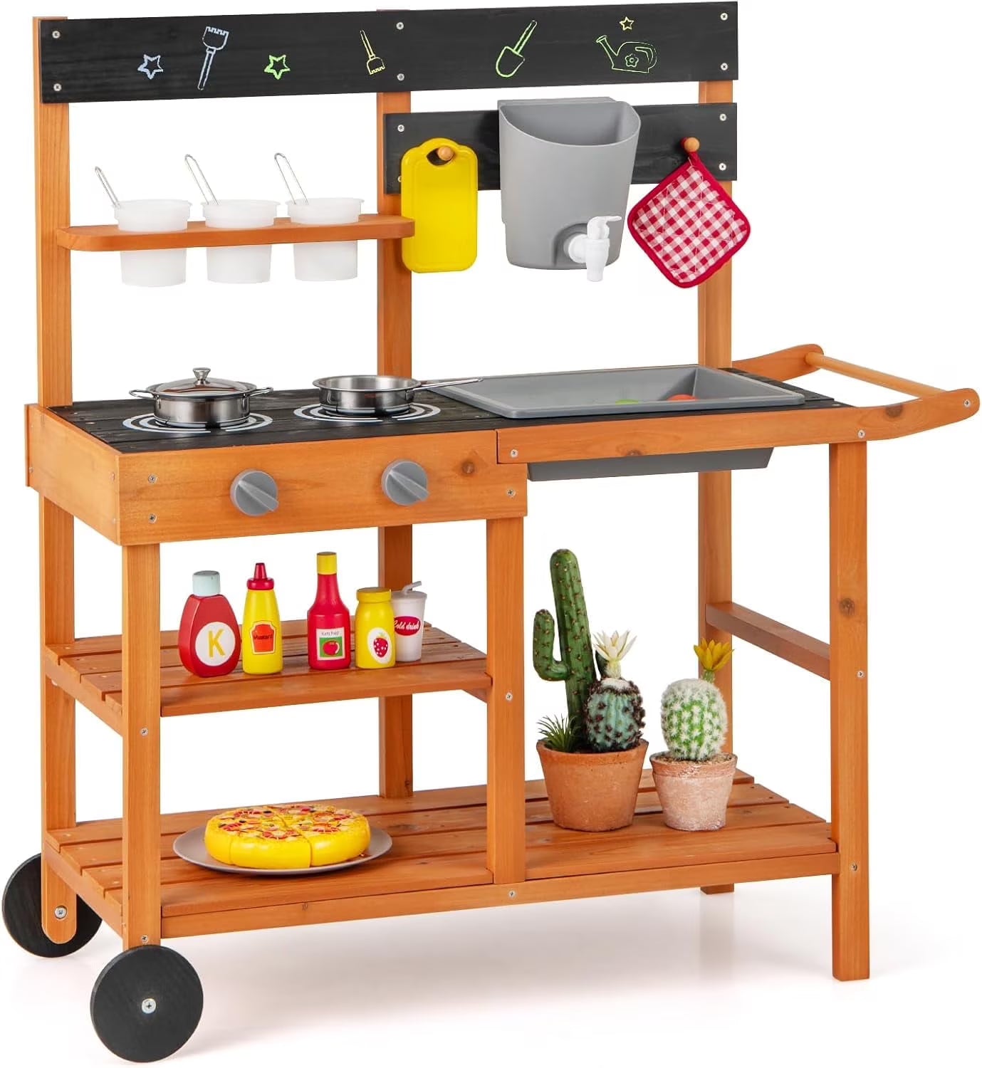 Mud Kitchen Outdoor Play Kitchen w/ Wheels, 3 Removable Cups, Sink, & Cooking Accessories – Wooden Kids Playset for Backyard Garden, Gift for Ages 3+