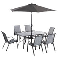 6-Piece Patio Dining Set w/ Umbrella, 6 Chairs, Fast-Dry Fabric, Grey Table & Chairs