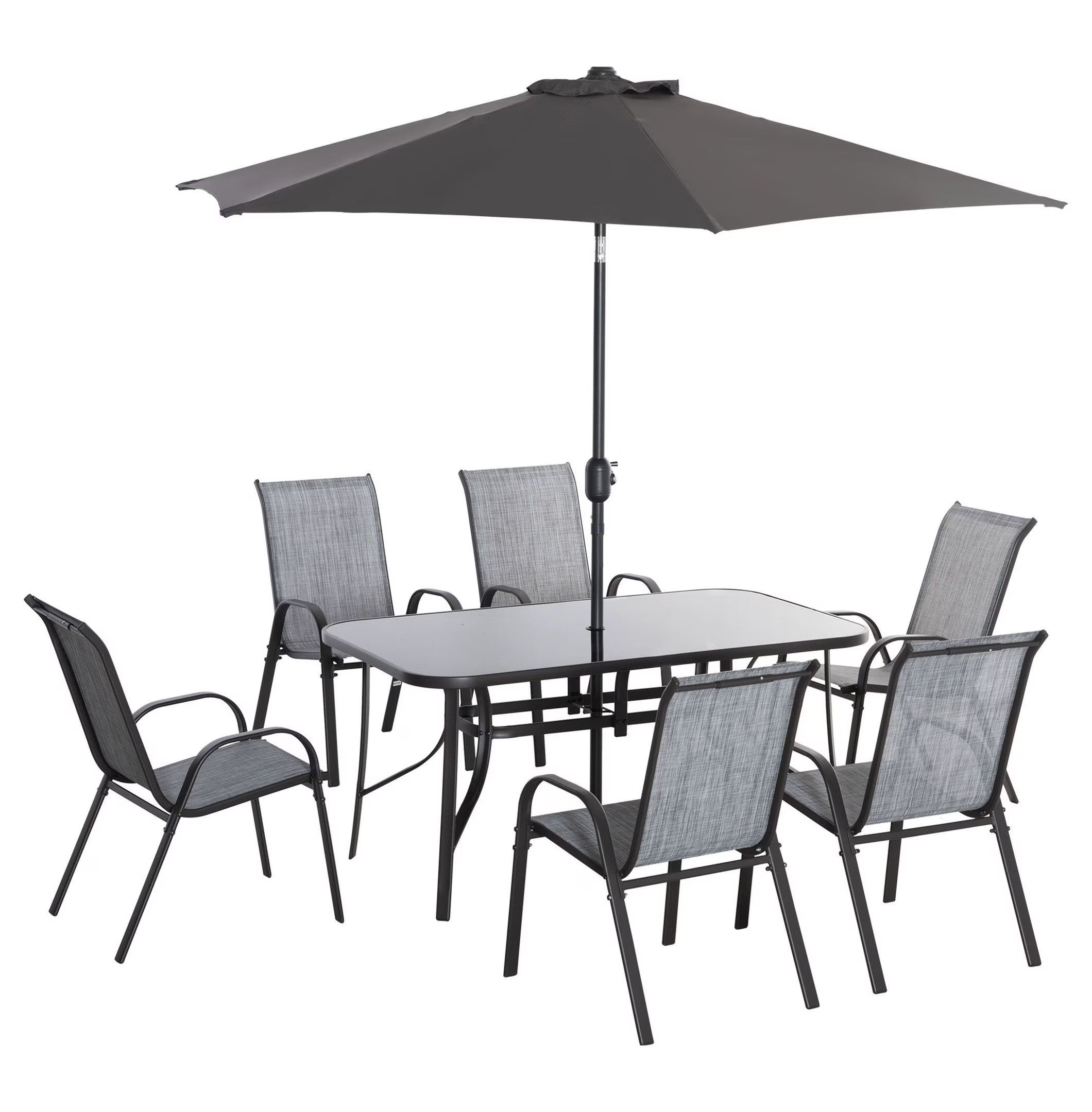 6-Piece Patio Dining Set w/ Umbrella, 6 Chairs, Fast-Dry Fabric, Grey Table & Chairs