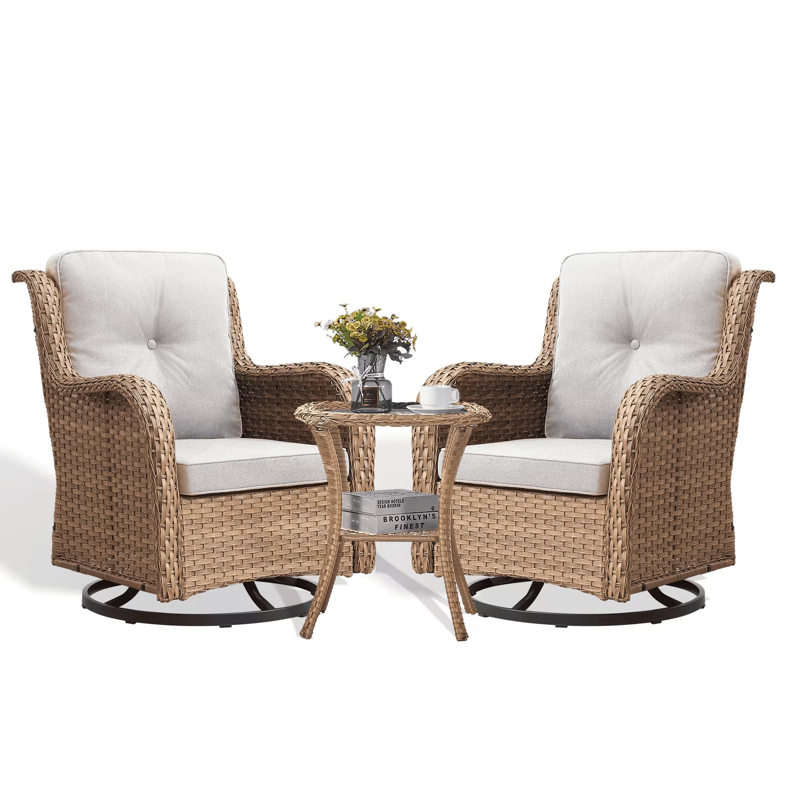 3-piece outdoor wicker patio set w/ glider rocking & swivel chairs & cushions