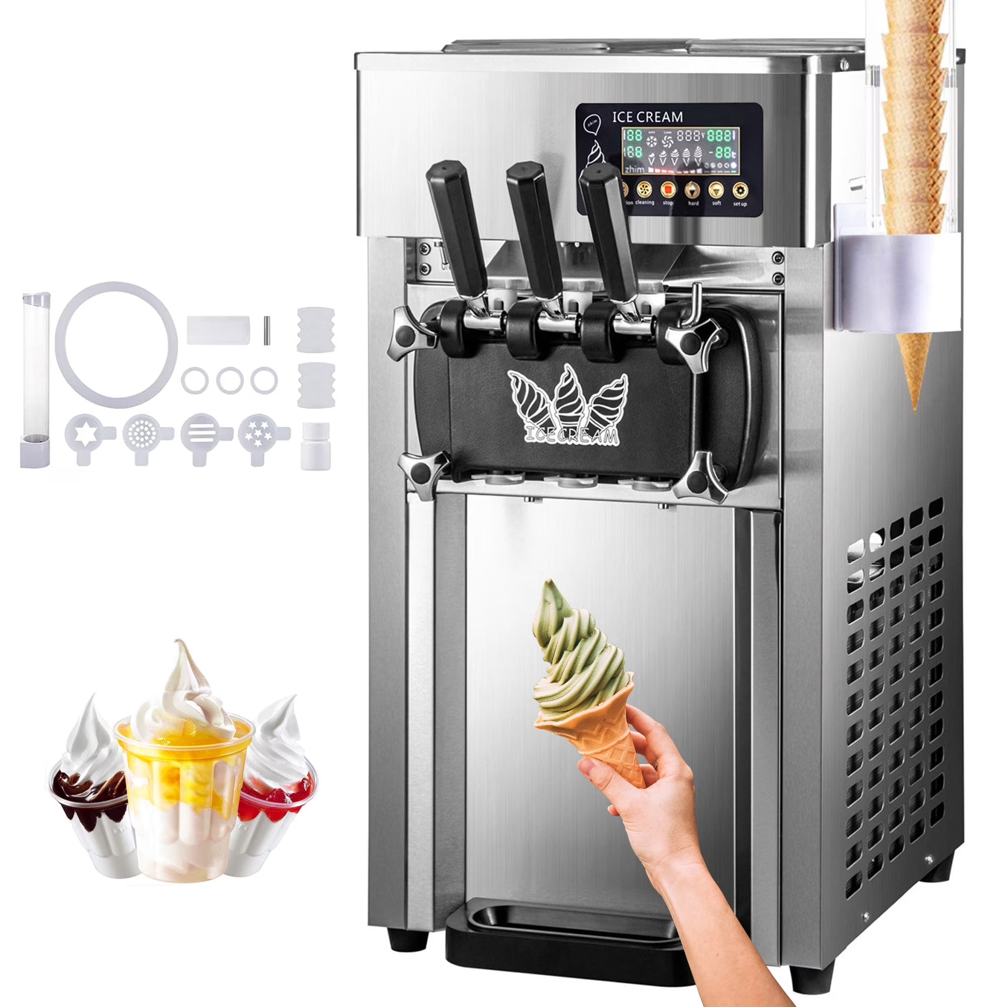 1200W Countertop Commercial Soft Serve Ice Cream Maker, 18L/H, LED Display
