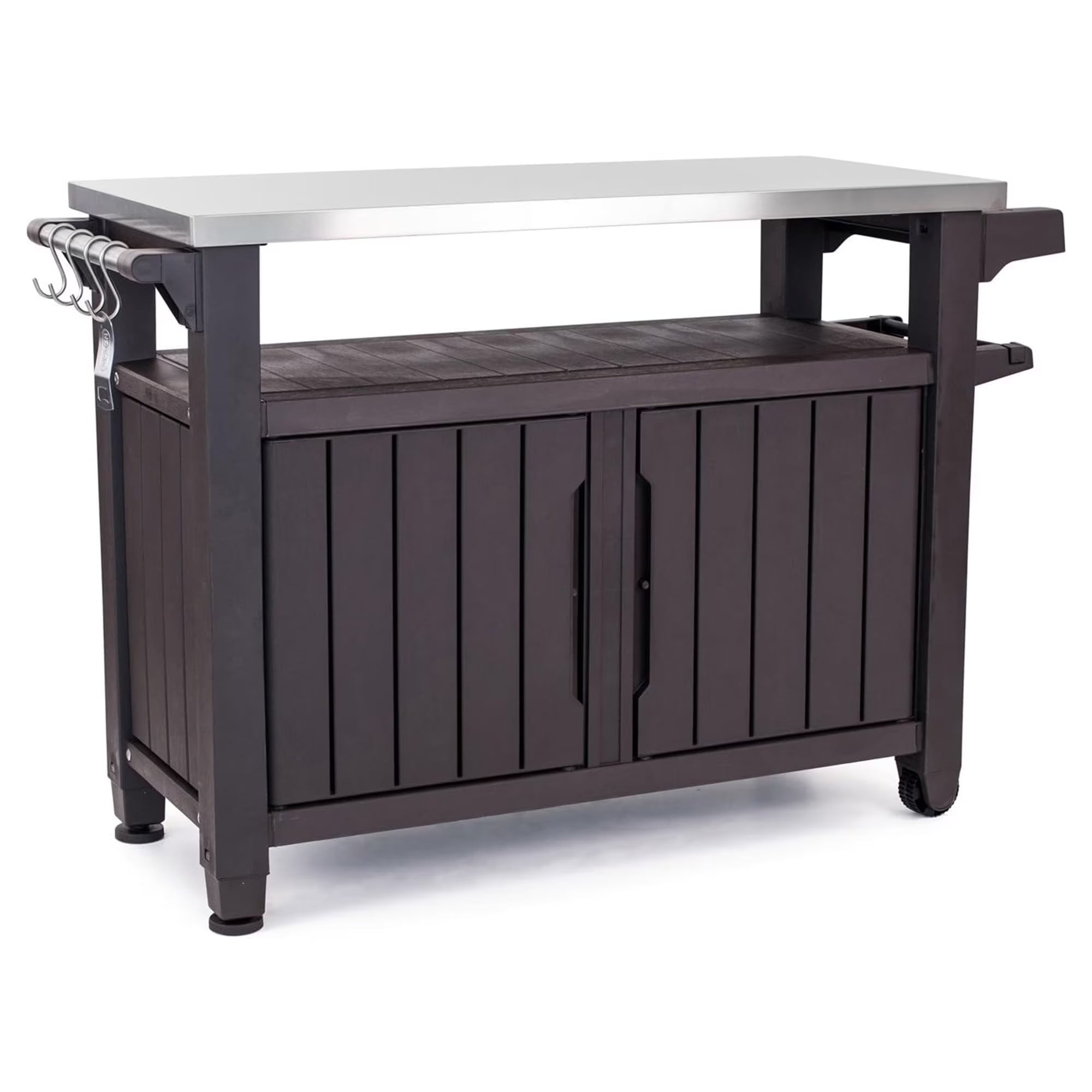 Outdoor Rolling Bar Cart w/ Storage Cabinet, Brown, Durable Kitchen Cart (XL)