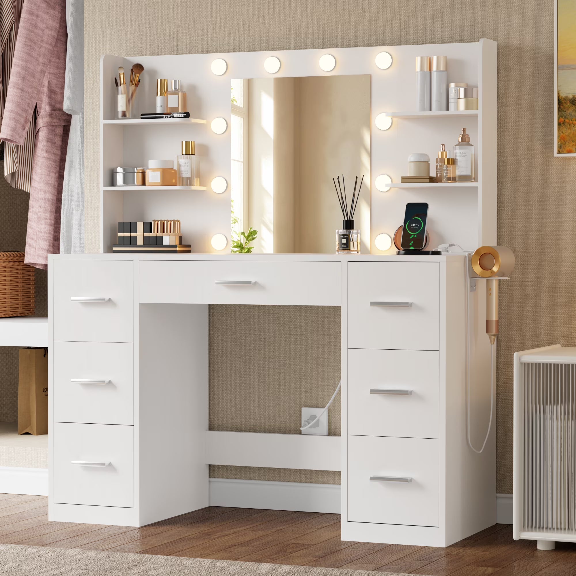Vanity Desk w/ Mirror & LED Lights, Makeup Table w/ 7 Drawers, 4 Shelves & Power Outlet for Bedroom Dressing Room, White