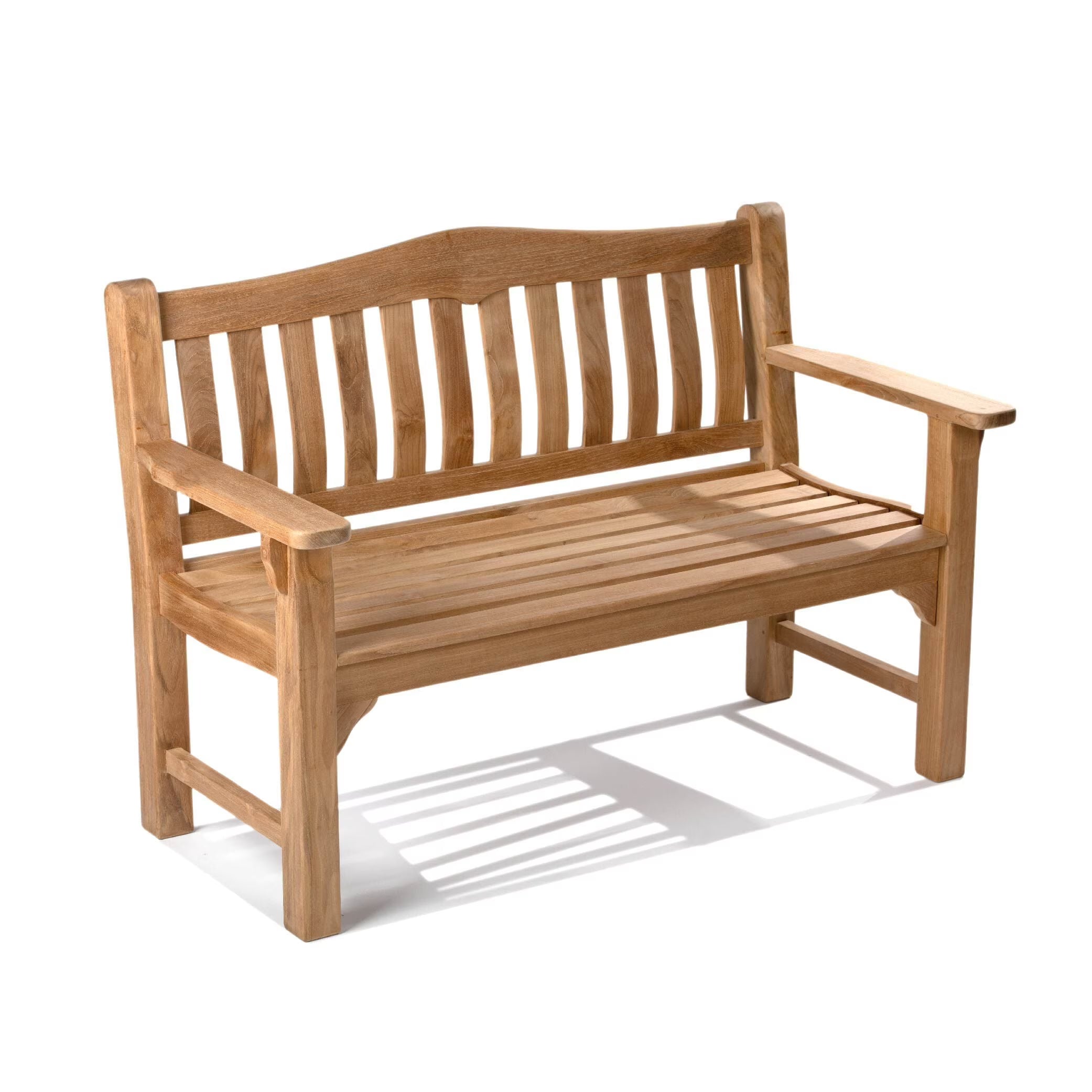 53" Grade A Teak Bench, Seats 2, Weather Resistant Solid Wood Patio Furniture w/ Tightly Spaced Slats, Bowed Back & Armrests