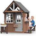 Wooden Outdoor Playhouse for Kids w/ Bench, Fence, Kitchen, Door Nameplate & Pretend Phone, Large, Ages 3+, 62.99"W x 67.32"L