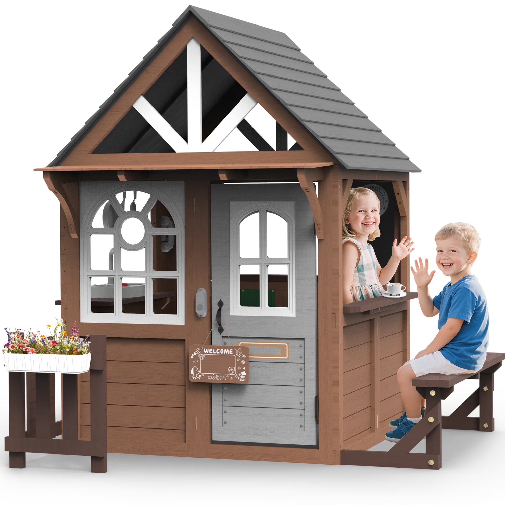 Wooden Outdoor Playhouse for Kids w/ Bench, Fence, Kitchen, Door Nameplate & Pretend Phone, Large, Ages 3+, 62.99"W x 67.32"L