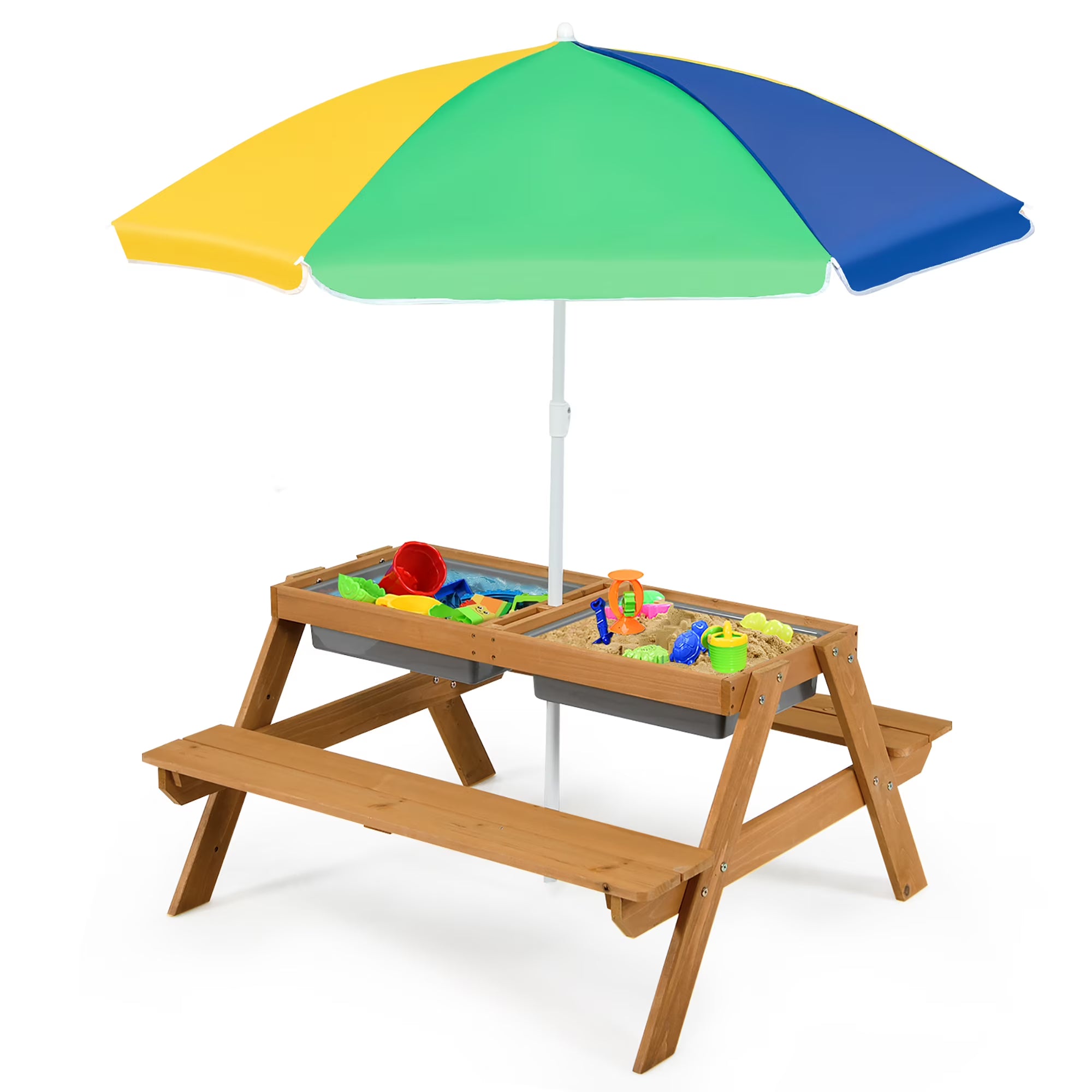 3-in-1 Kids Wooden Picnic Table Outdoor Sand & Water Table w/ Umbrella & Play Boxes Green