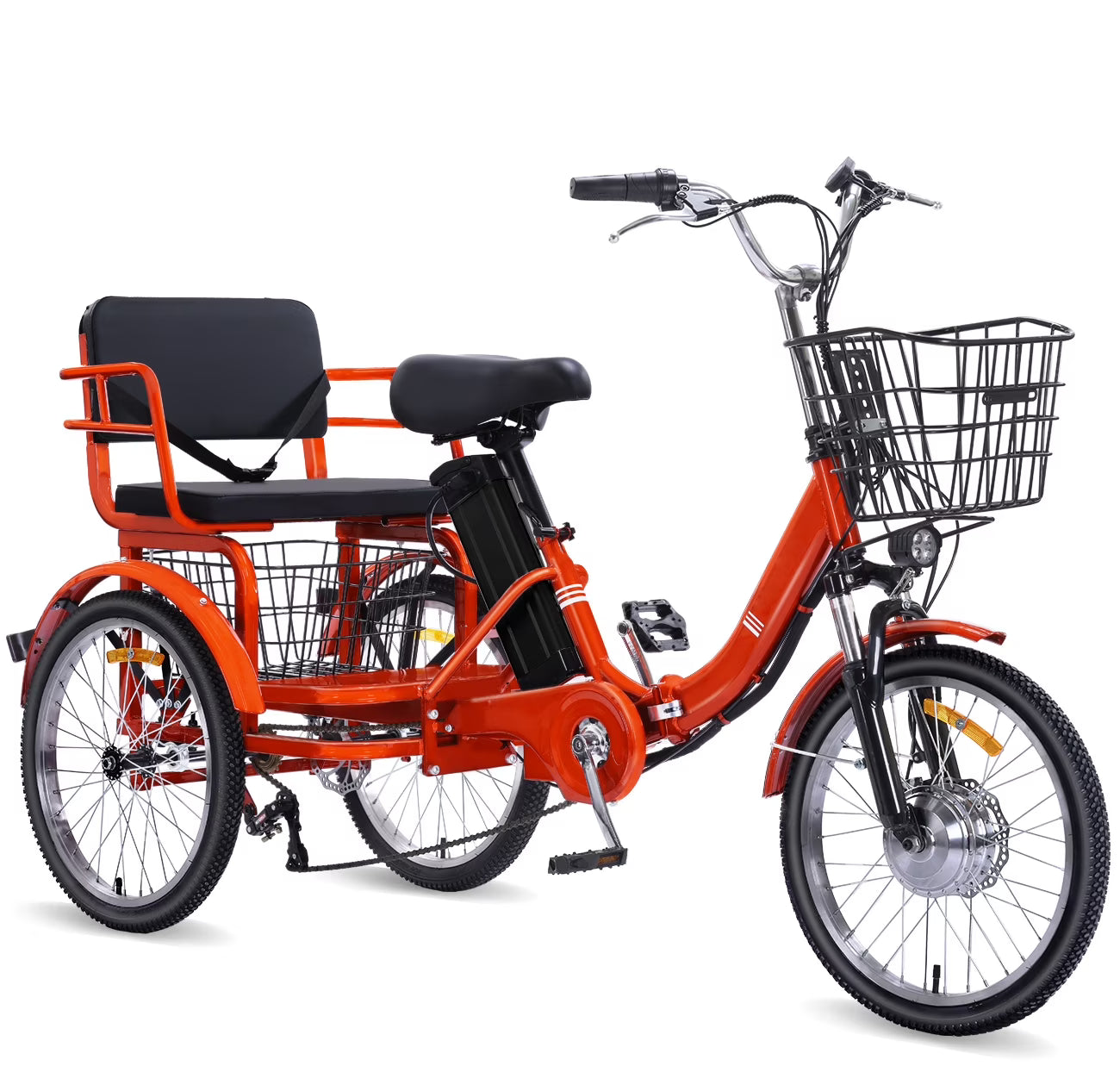 Folding Electric Trike for Adults, 3-Wheel Two-Seater w/ Large Basket, 350W Brushless Motor, 48V13AH Lithium Battery, 20MPH Max, Orange