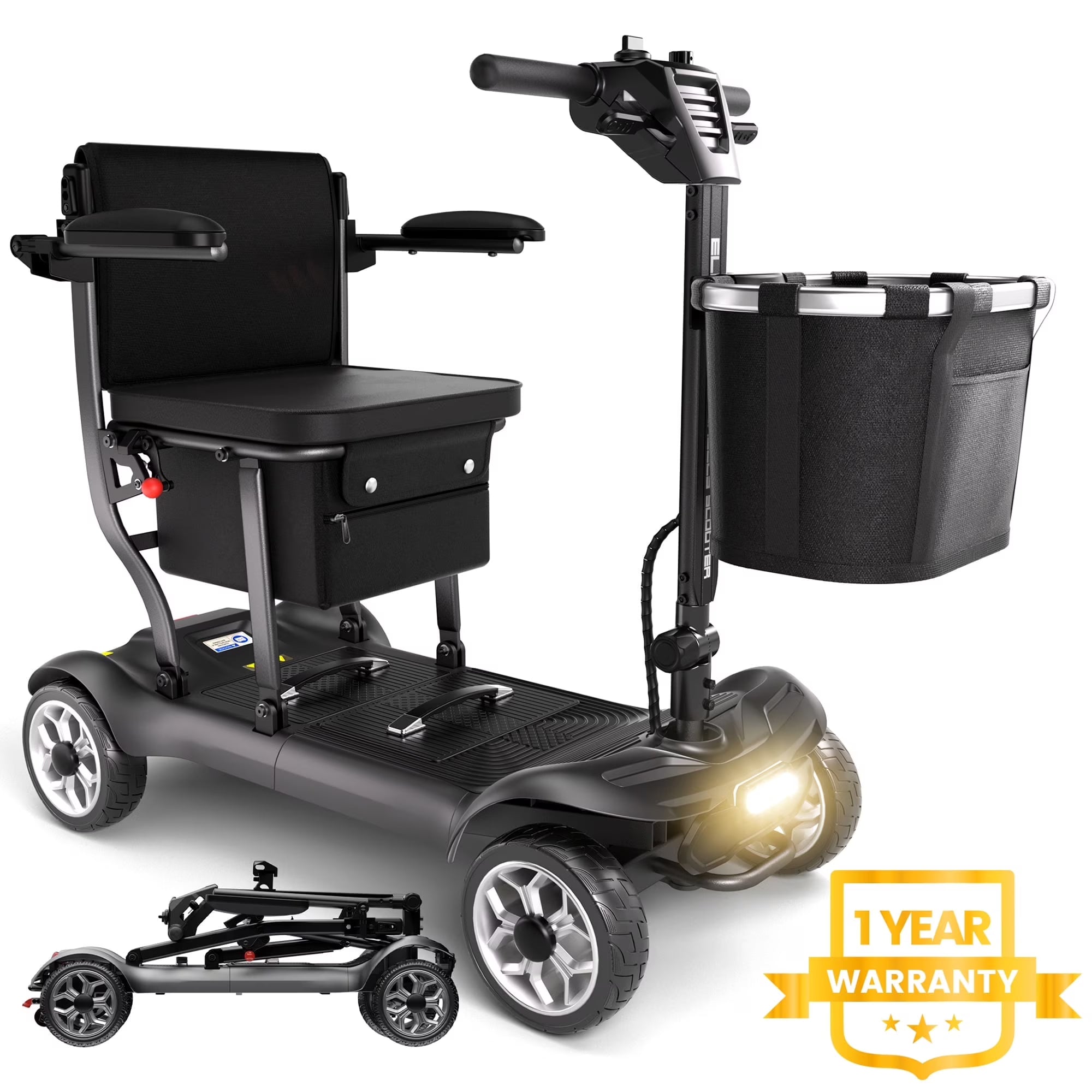 Lightweight 4-wheel mobility scooter for seniors, folding electric travel wheelchair, black