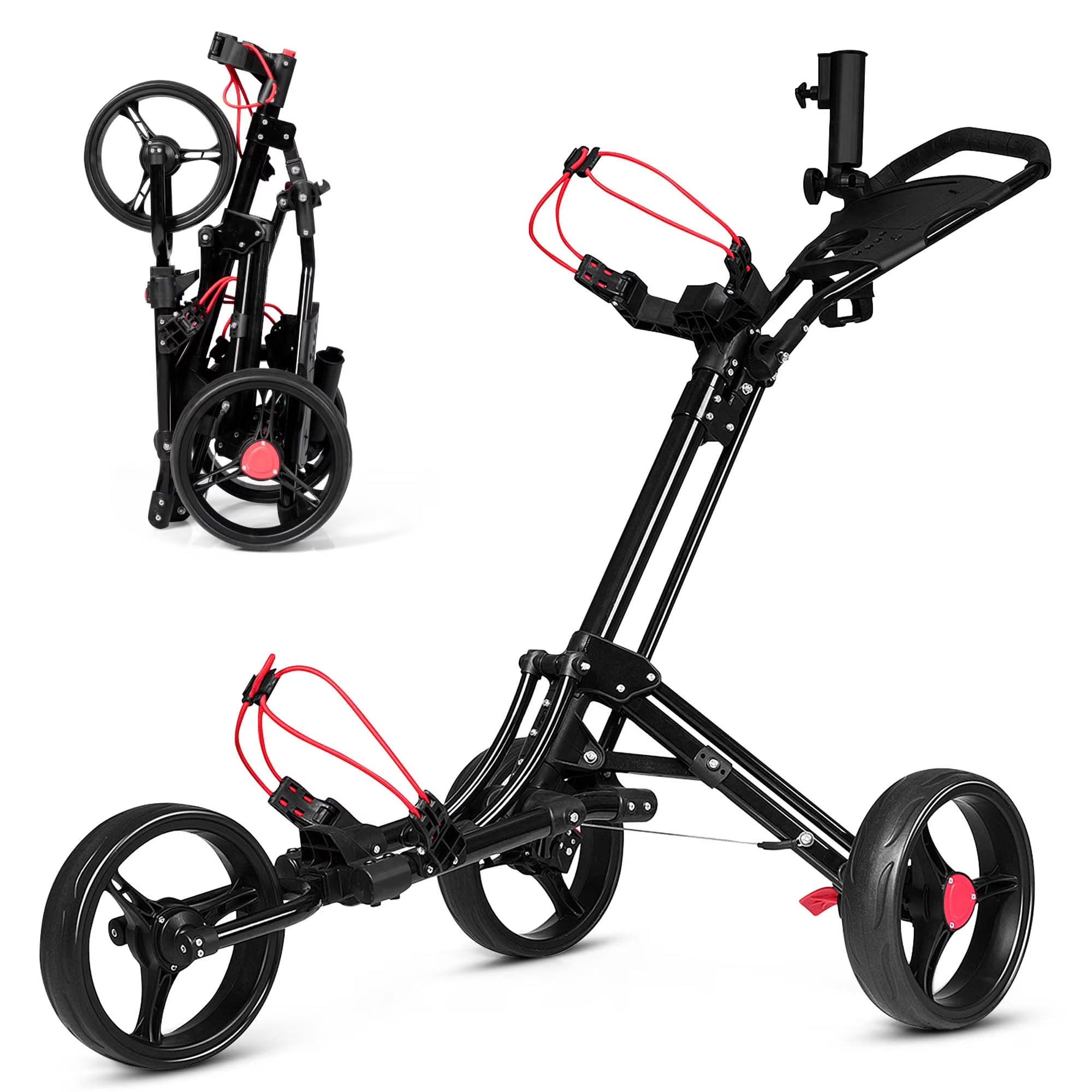 Foldable 3-Wheel Steel Golf Push Cart Trolley w/ Umbrella Holder