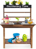 Kids Potting Bench, Fir Wood Outdoor Mud Table w/ Removable Sink, 4 Pots, Chalkboard, Storage Shelves, Garden Kitchen Playset