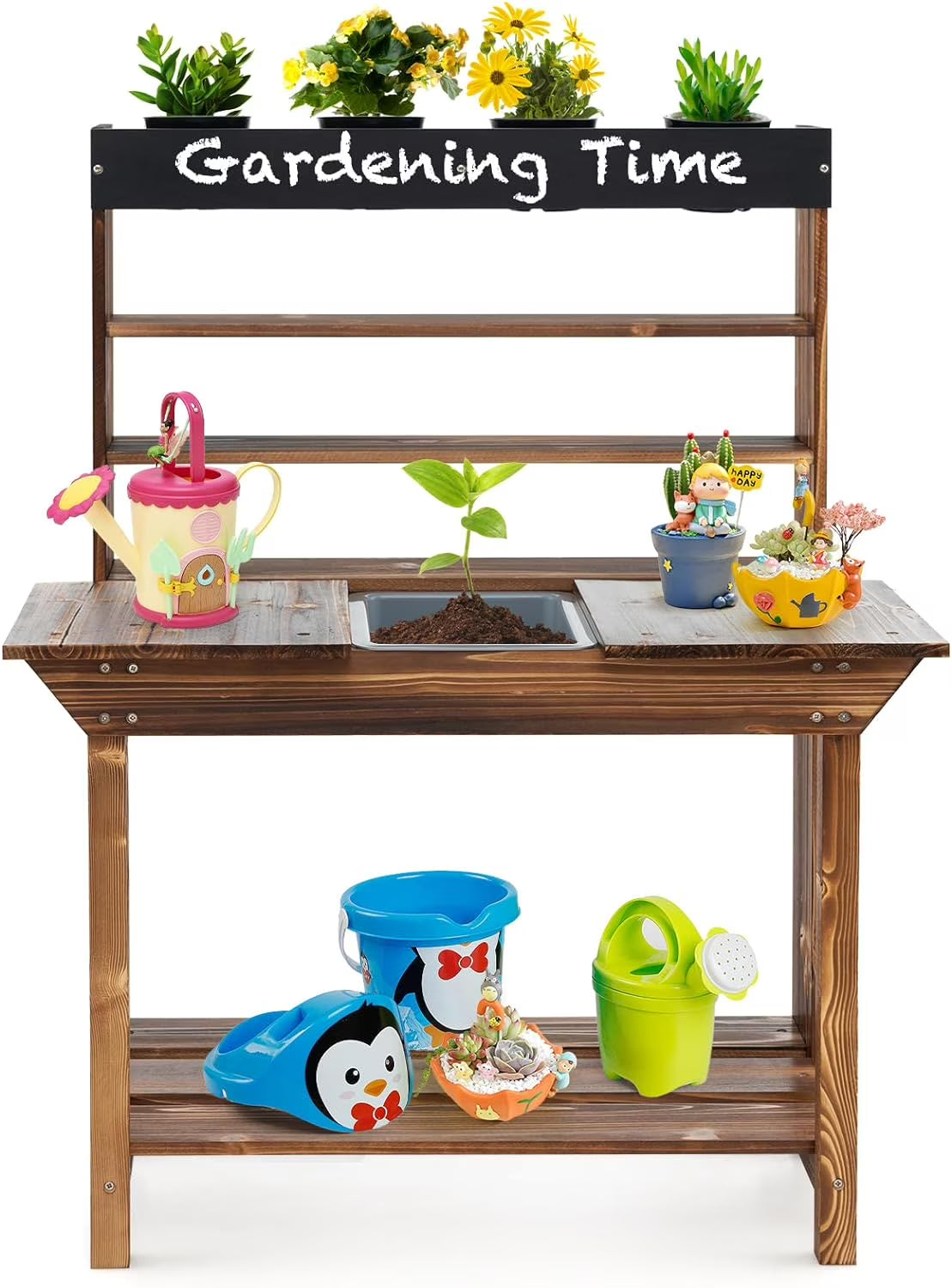 Kids Potting Bench, Fir Wood Outdoor Mud Table w/ Removable Sink, 4 Pots, Chalkboard, Storage Shelves, Garden Kitchen Playset