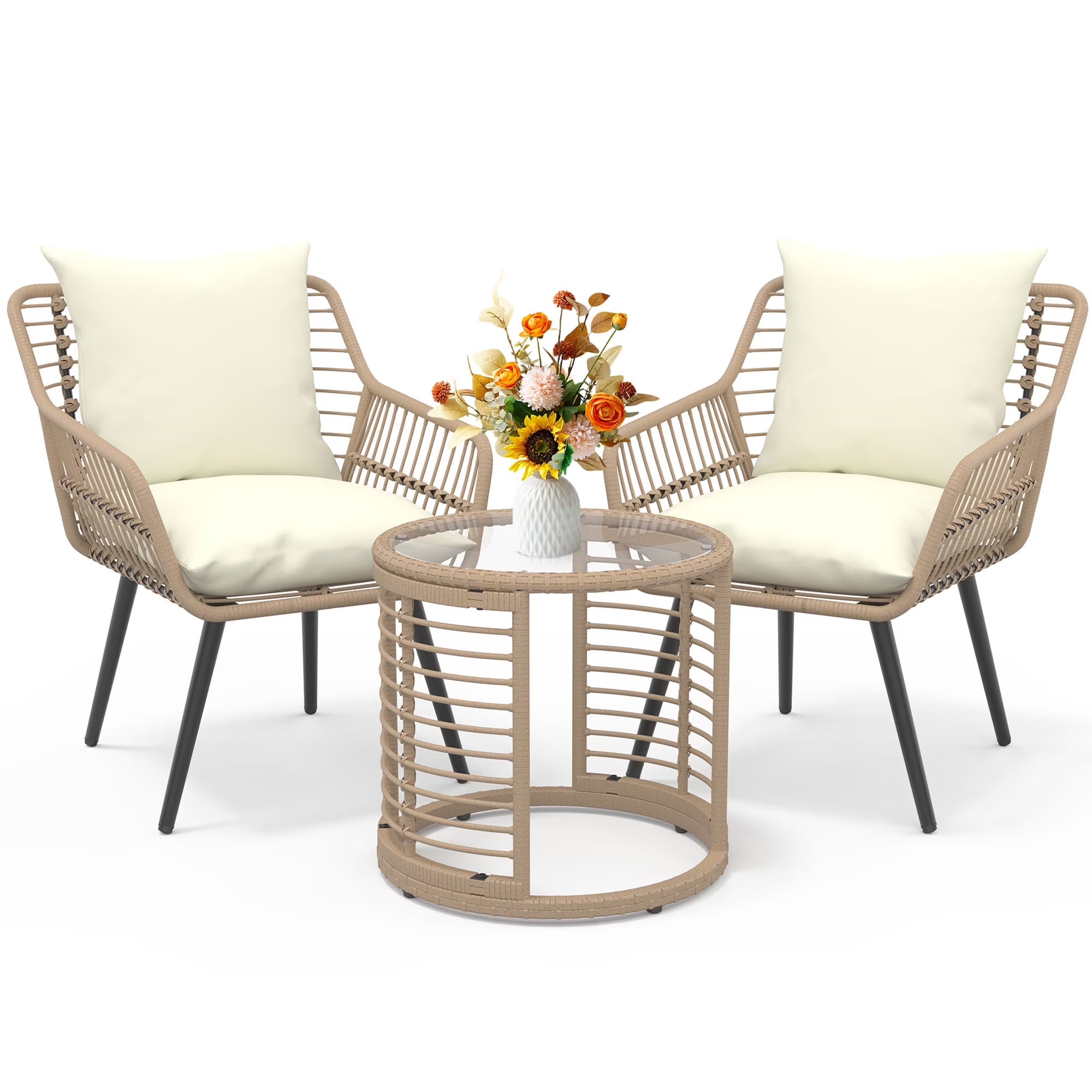 3-Piece Steel Outdoor Bistro Set w/ Metal Chairs & Glass Top Table, Beige
