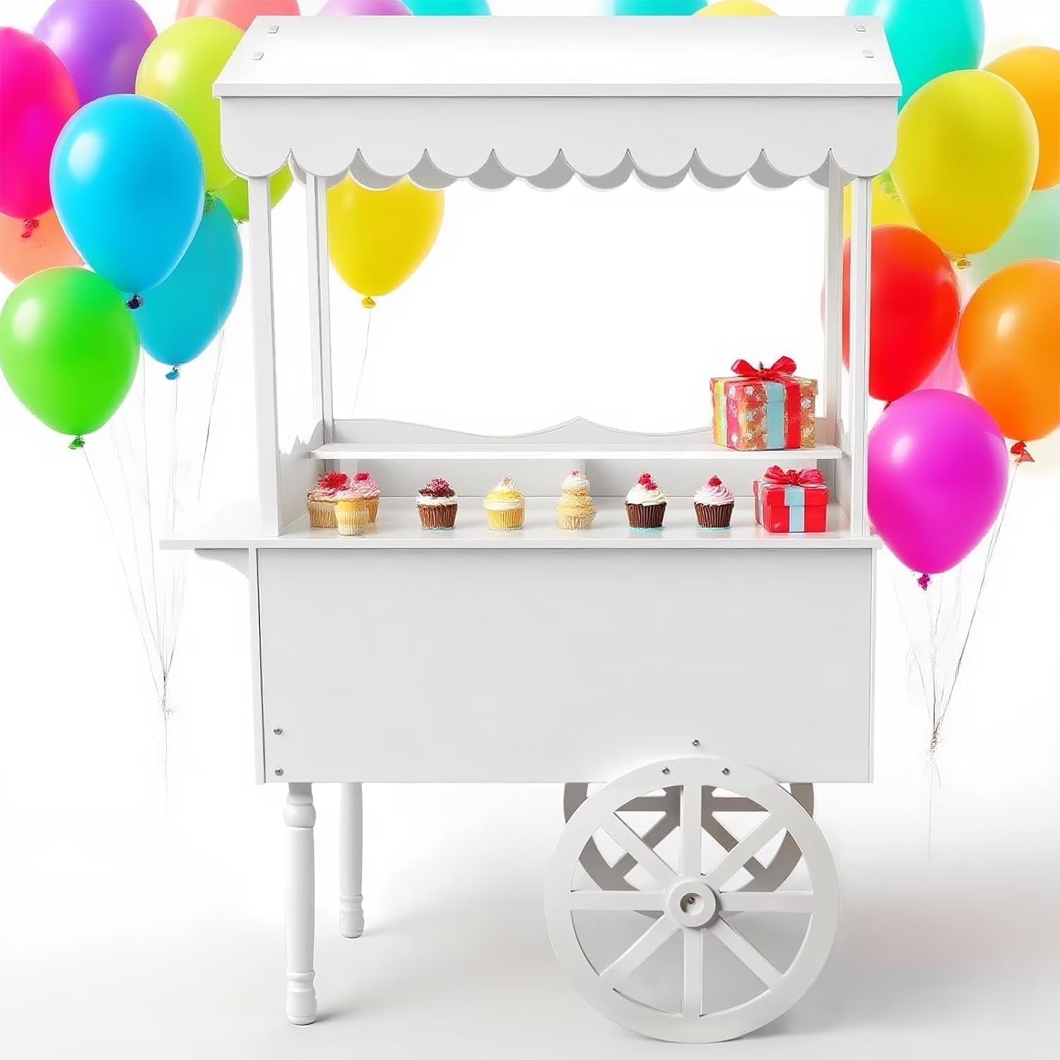 White 72" Vintage Candy Cart Display Stand w/ Decorated Wheels, Holds 100 Balloons, Easy Install for Parties, Birthdays & Weddings