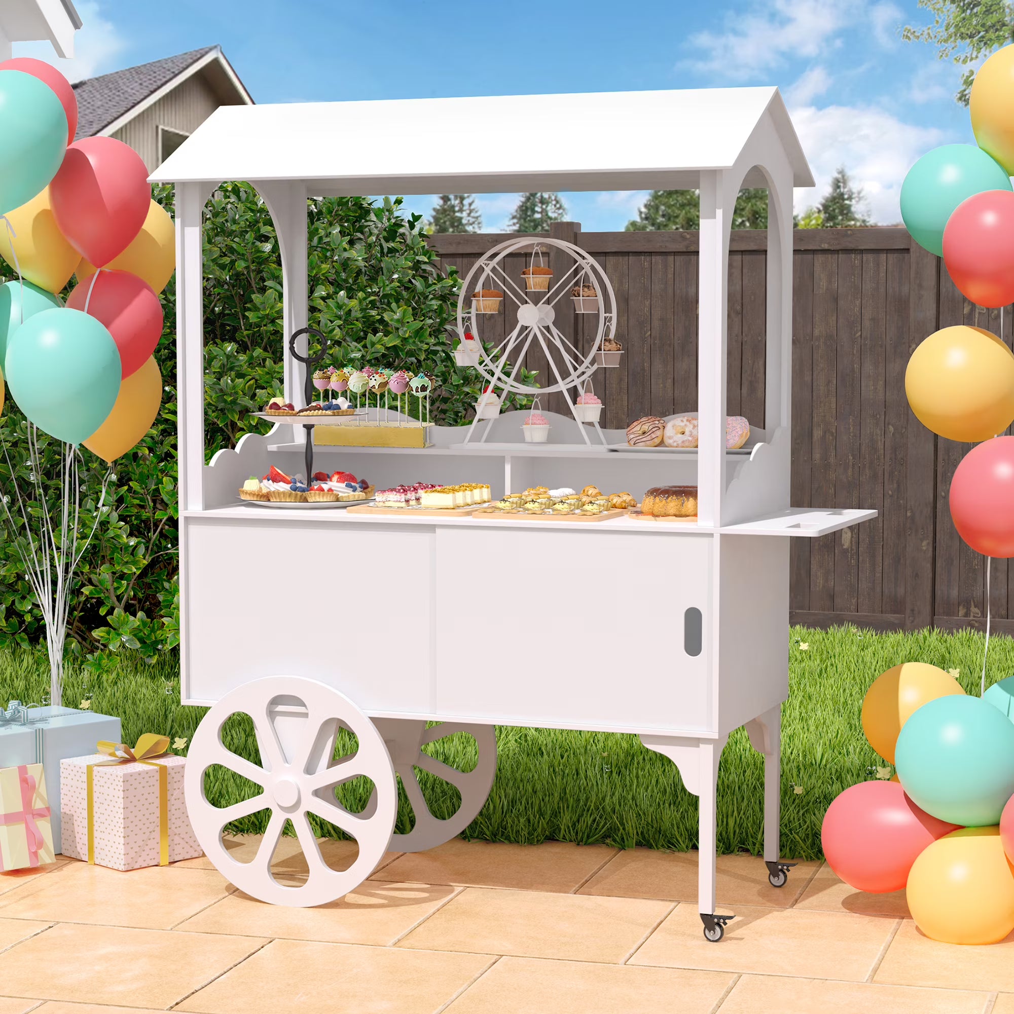 Wood dessert cart w/ storage cabinet & wheels for parties