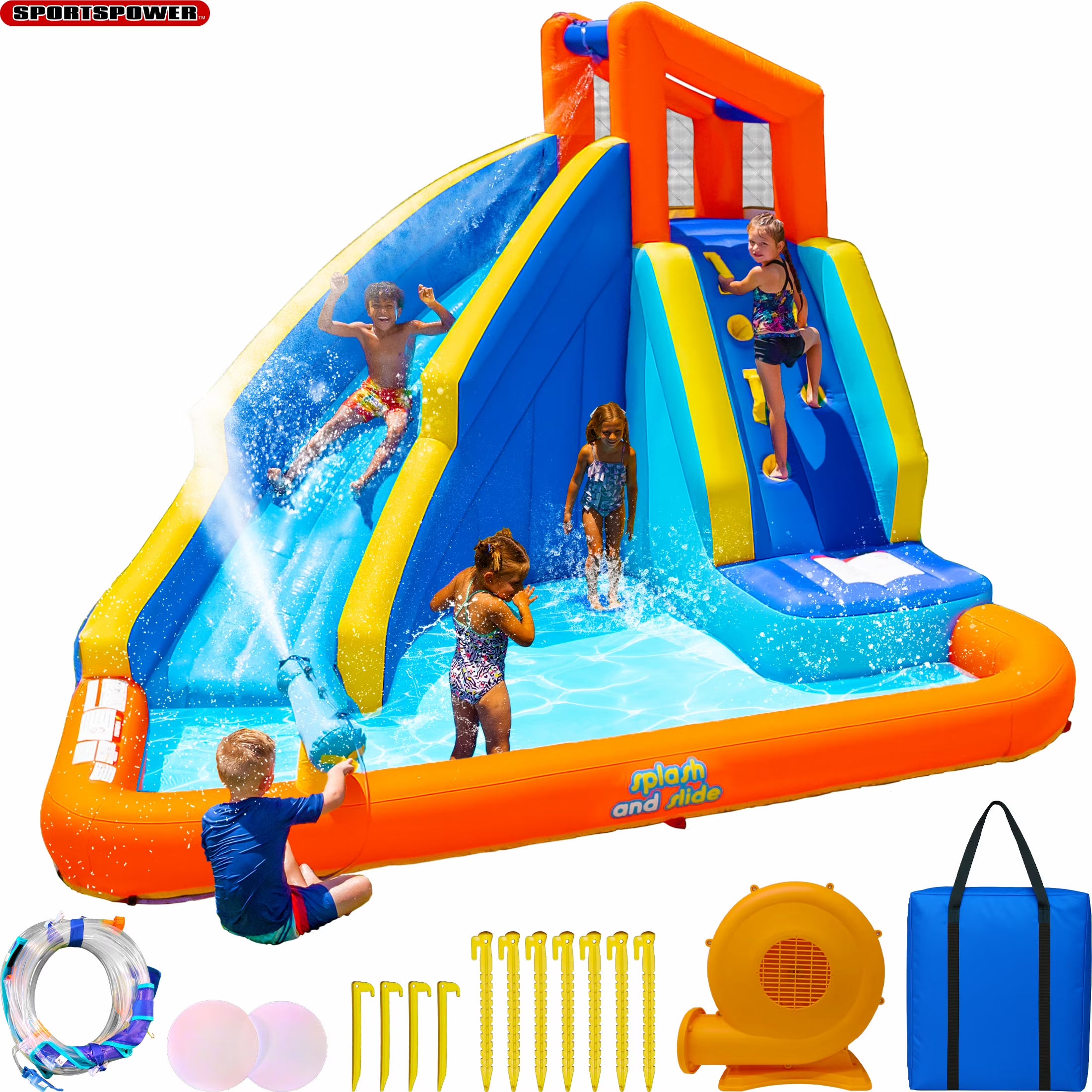 Big Wave Inflatable Water Slide with Climbing Wall & Splash Pool, Ages 3-8, Heavy Duty, ASTM Certified, Lifetime Warranty on Blower
