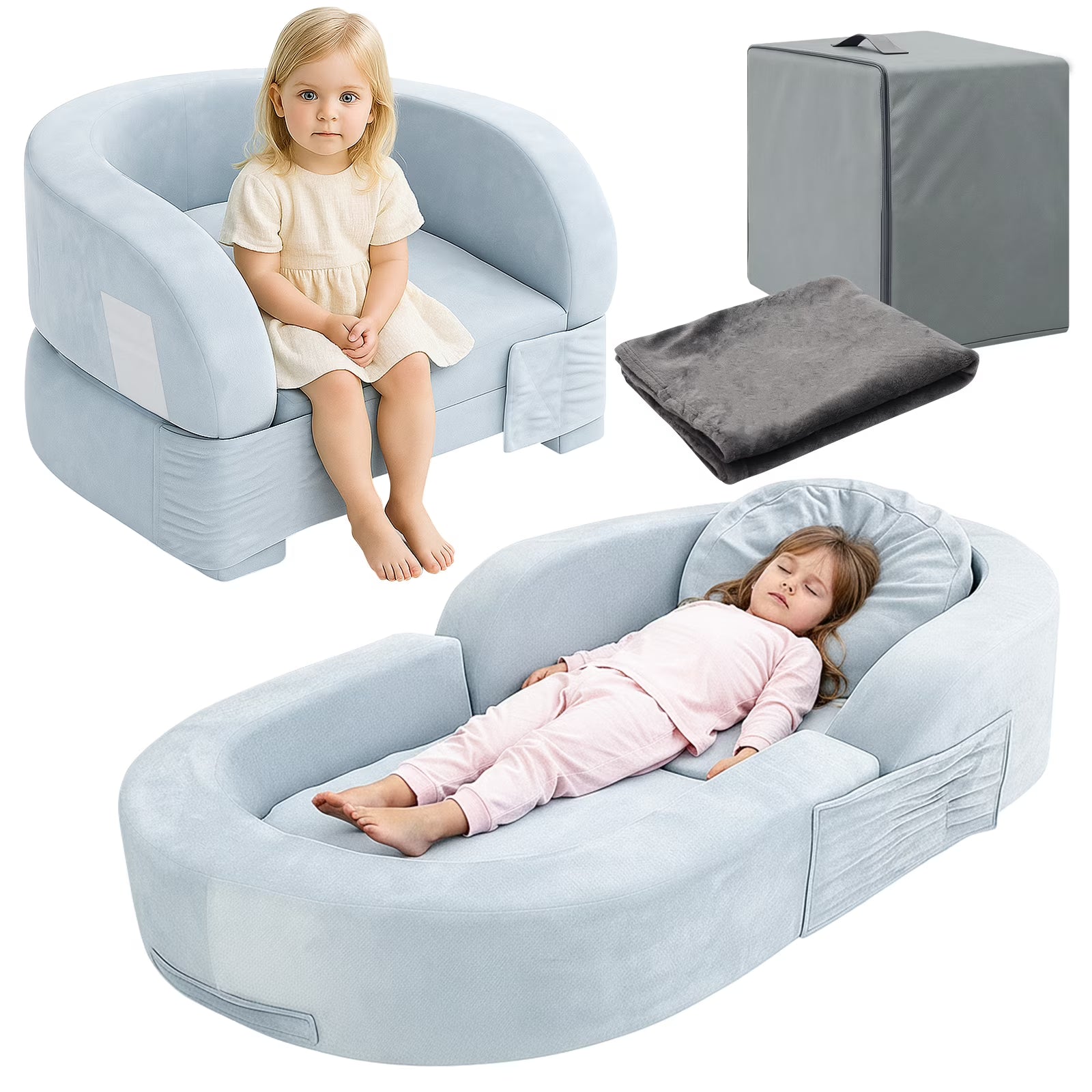 2-in-1 Kids Sofa Chair & Travel Bed, Soft Foam Portable Foldable w/ Removable Cover & Carrying Bag, Blue