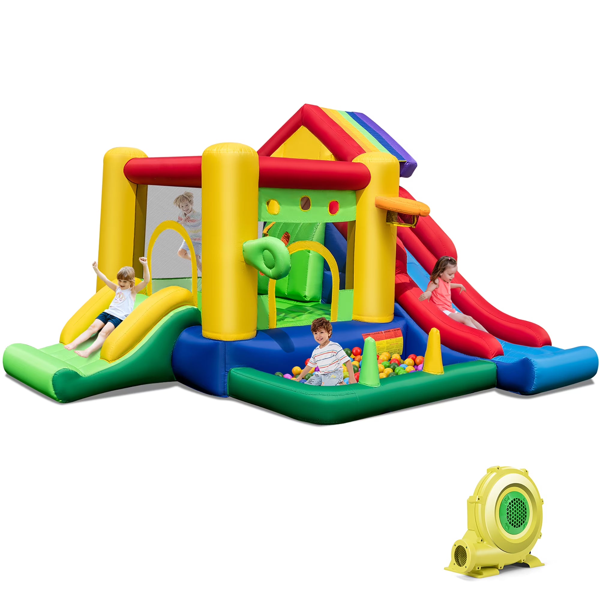 Colorful Rainbow Kids Inflatable Bounce Castle w/ 50 Ocean Balls & 735W Blower