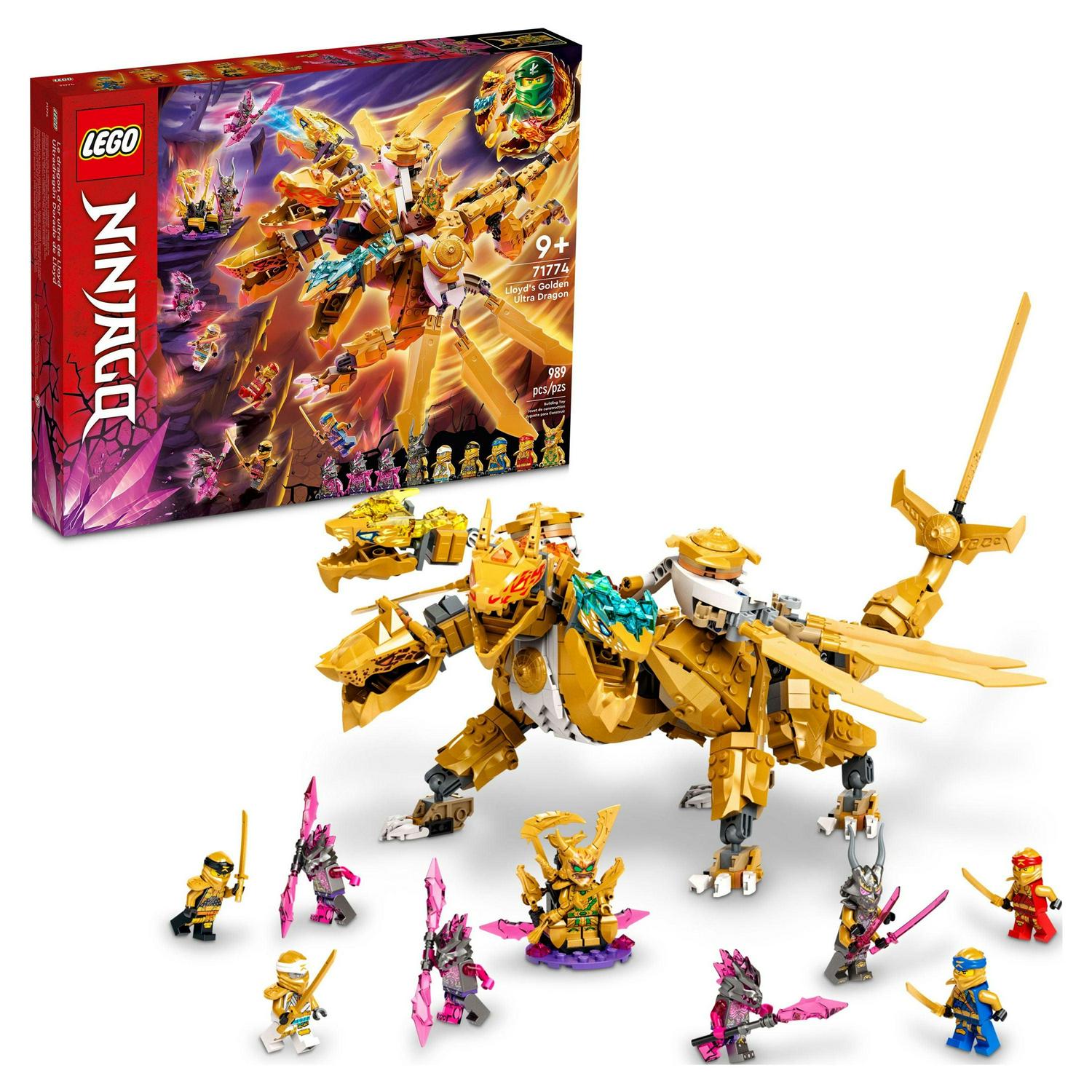 Lloyd's Golden Ultra Dragon Toy - Large 4-Headed Action Figure with Blade Wings & 9 Minifigures, 71774