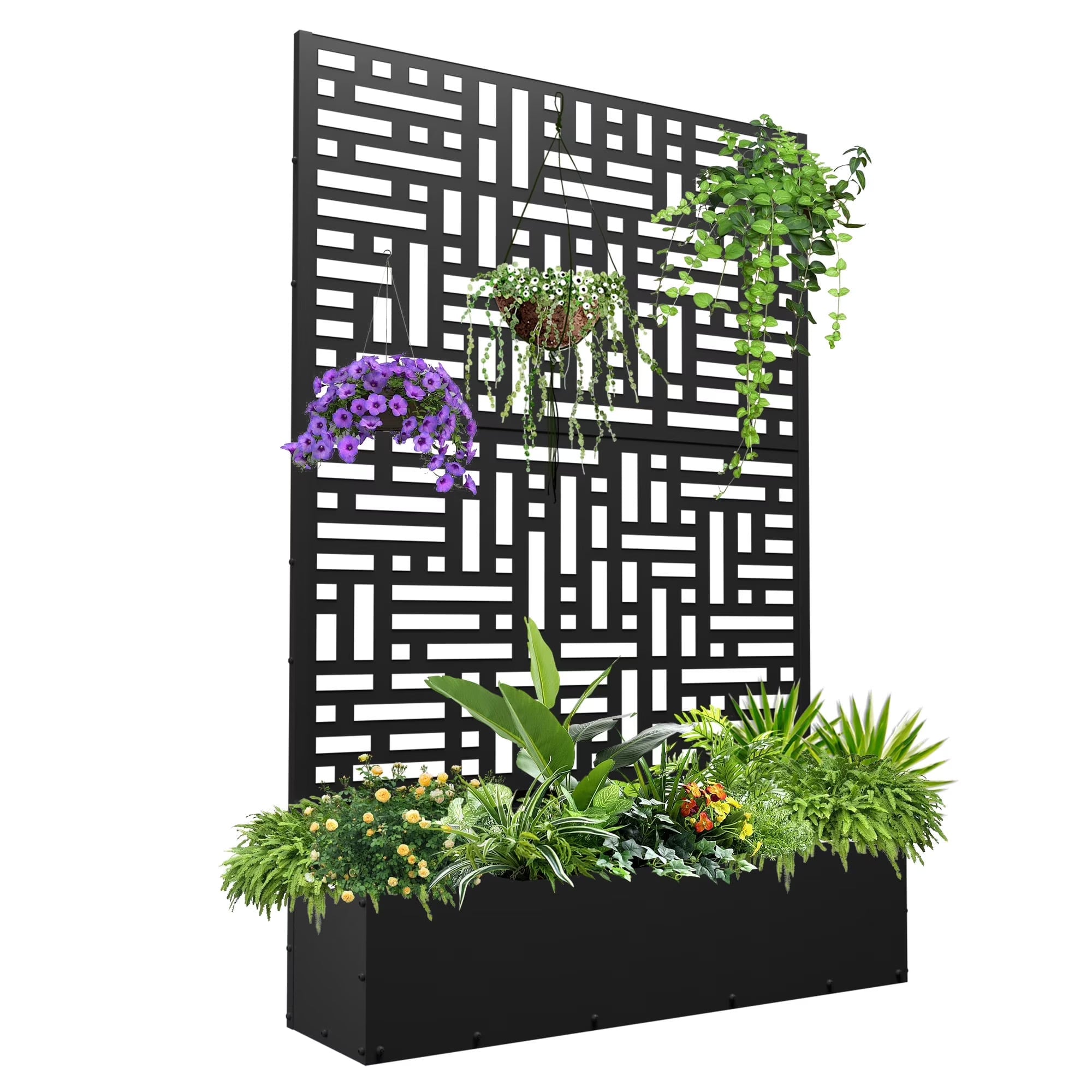 71" Metal Planter Box w/ Trellis for Climbing Plants, Outdoor Raised Garden Bed w/ Drainage Holes, Black