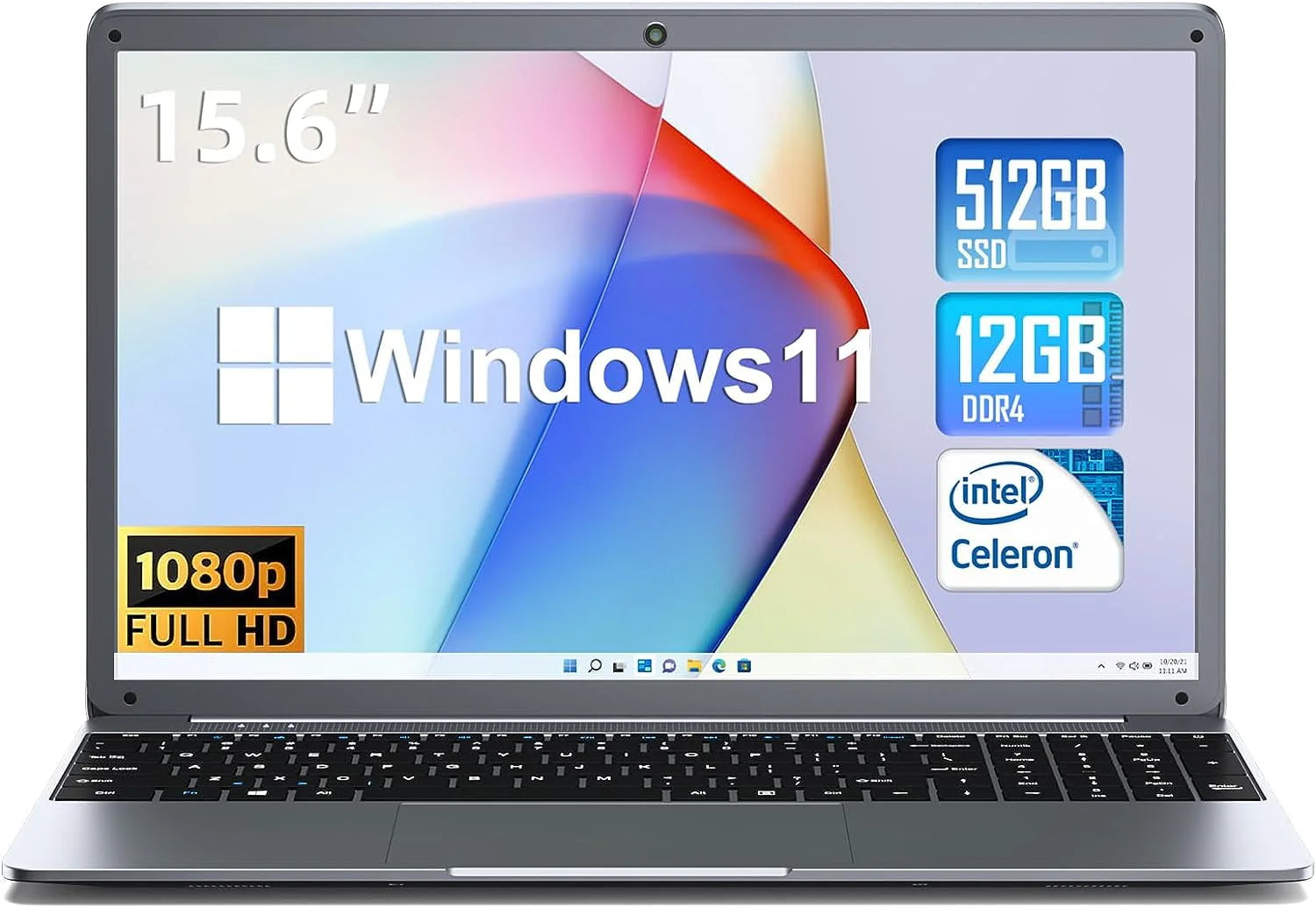 15.6" Laptop, 12GB DDR4 RAM, 512GB SSD, Windows 11, Intel Celeron N5095A, Full HD 1920x1080