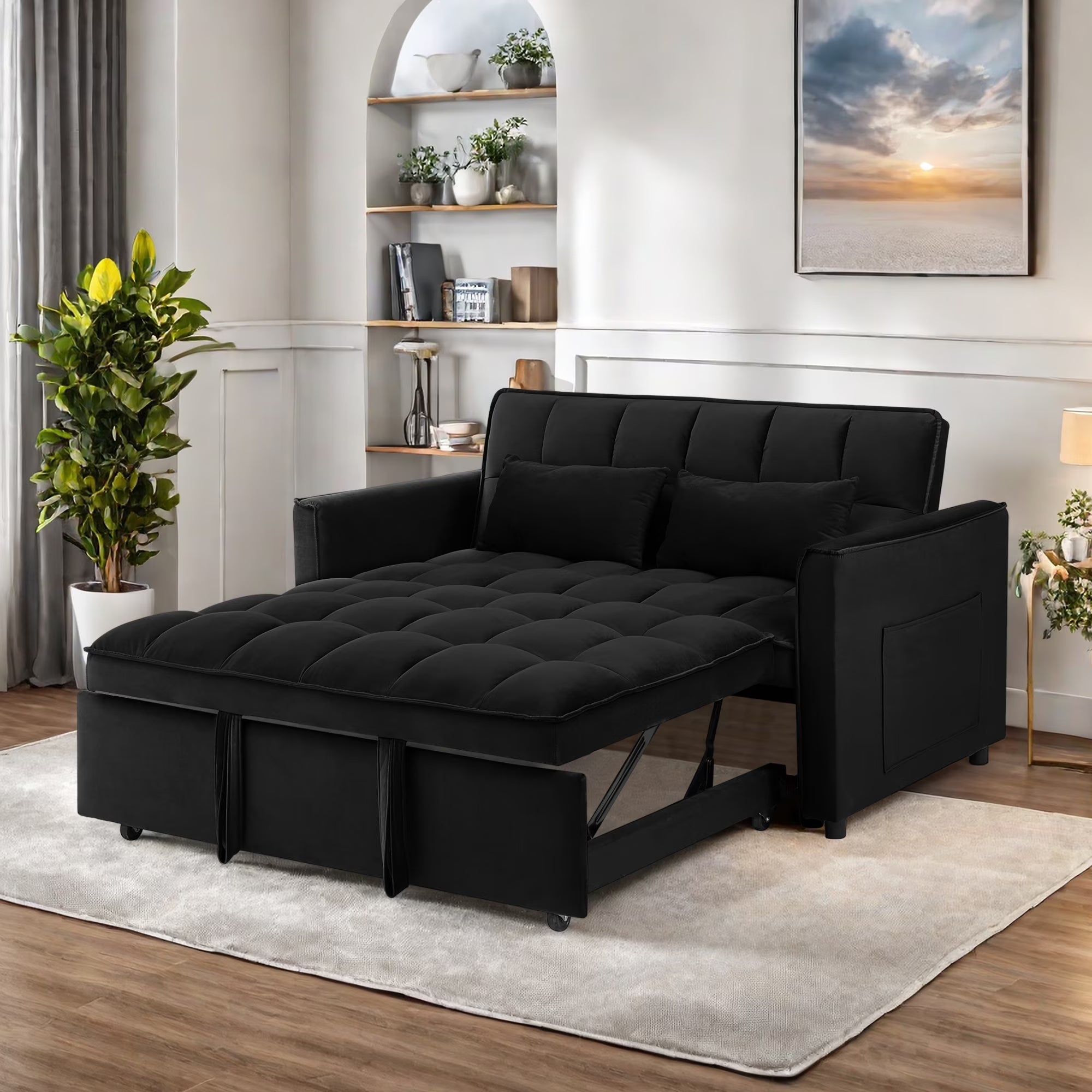 3-in-1 Convertible Sleeper Sofa w/ Pull Out Bed, Adjustable Backrest & Pillows for Living Room, Black