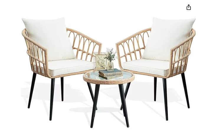 3-piece Patio Bistro Set: Outdoor Wicker Balcony Furniture w/ Rattan Table & 2 Chairs for Porch Backyard Lawn Poolside Deck, Beige