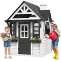 Outdoor Wooden Playhouse for Kids Ages 4-8 w/ Doorbell, Phone, Kitchen Toys, 45"L x 65"H, White & Black