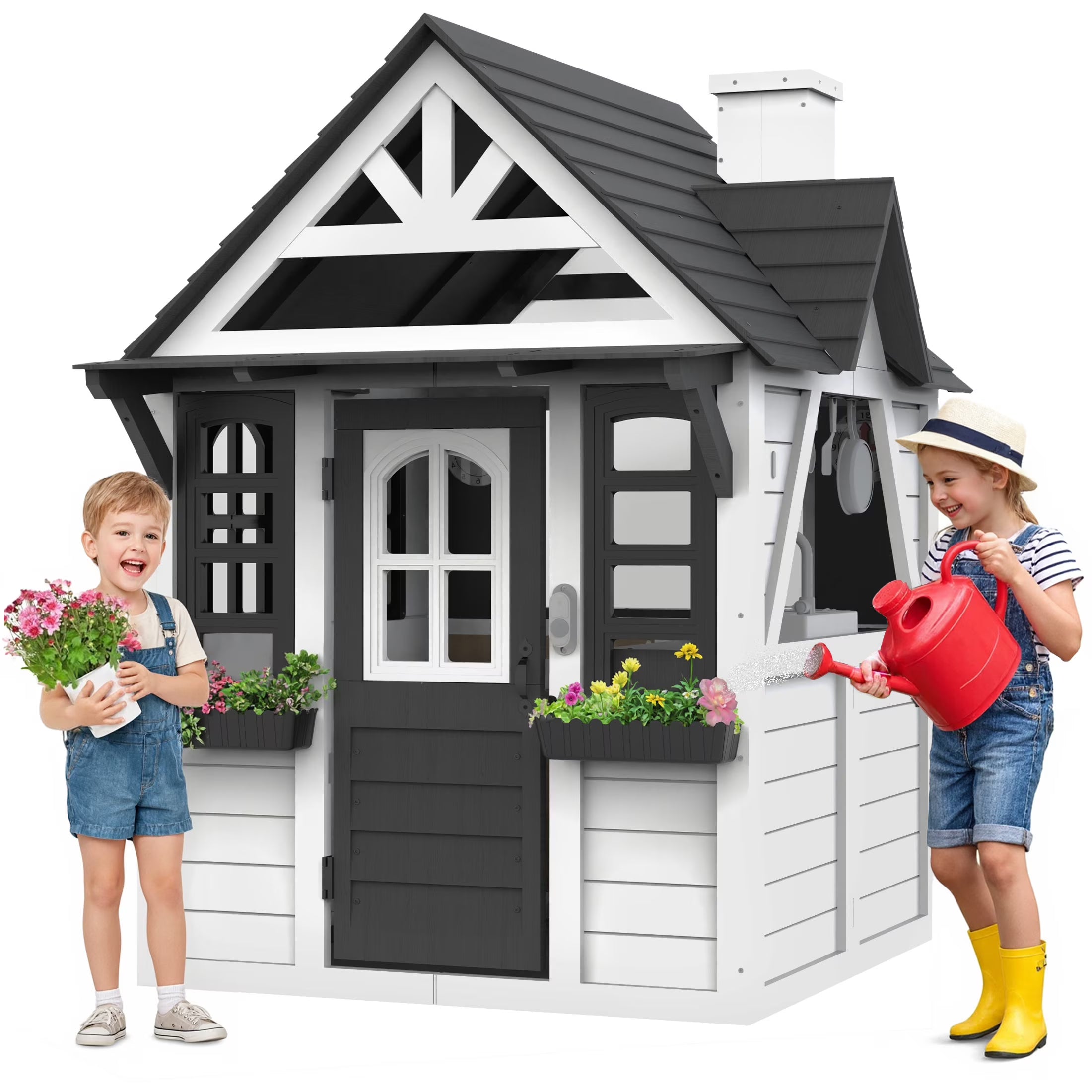 Outdoor Wooden Playhouse for Kids Ages 4-8 w/ Doorbell, Phone, Kitchen Toys, 45"L x 65"H, White & Black
