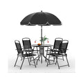 6-piece patio dining set w/ umbrella, tempered glass table & 4 folding chairs. Garden furniture set includes umbrella.