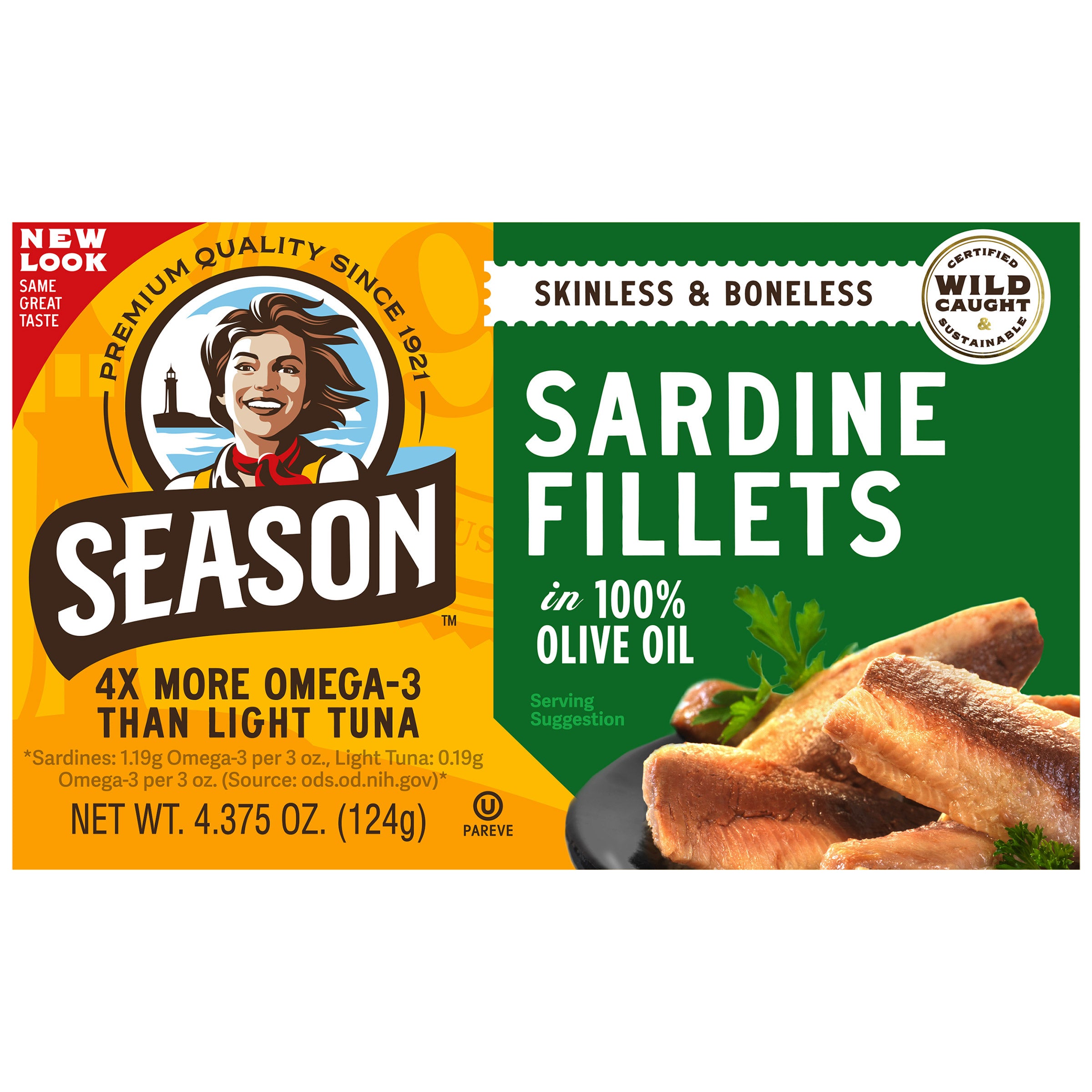 Sardine Fillets in 100% Olive Oil, Wild Caught, Skinless & Boneless, 4.375 oz, 6-Ct