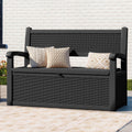 70-Gal Outdoor Resin Storage Cabinet w/ Rattan Backrest, Waterproof Patio Bench Seat, 500 lb Capacity, Black