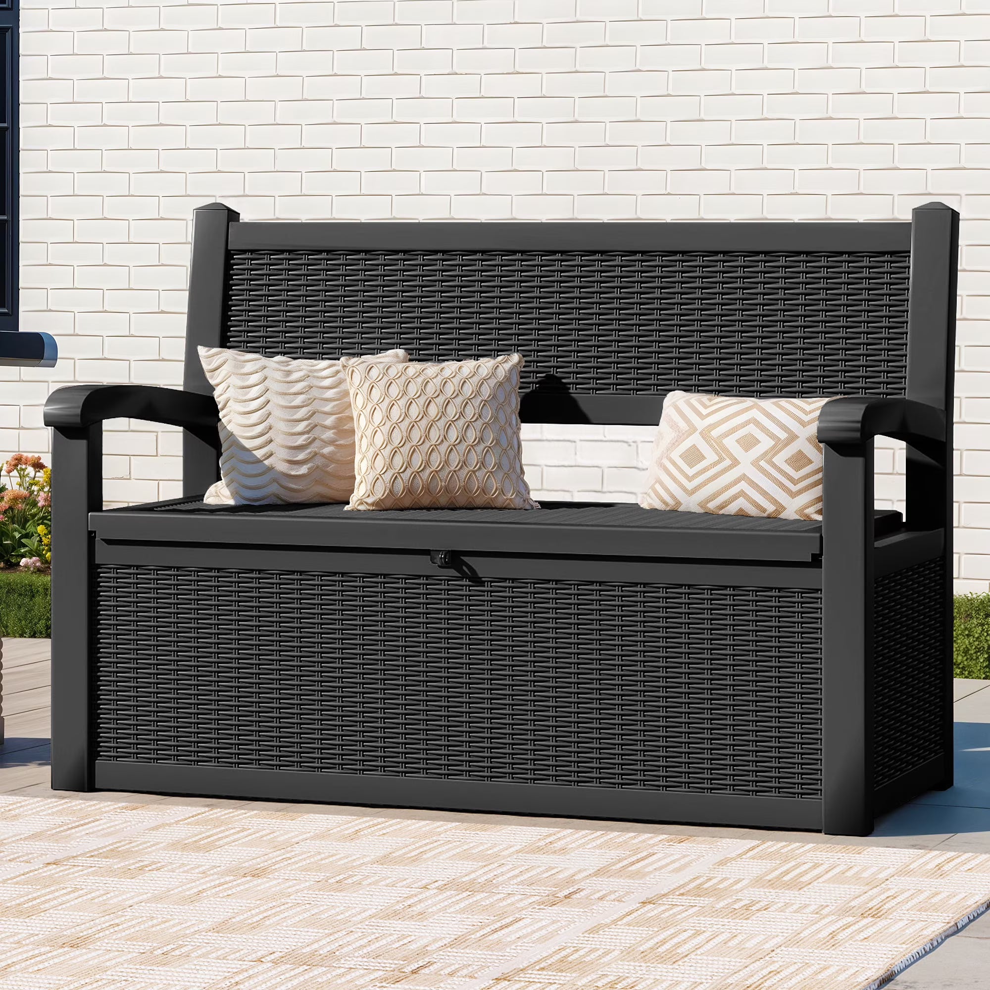 70-Gal Outdoor Resin Storage Cabinet w/ Rattan Backrest, Waterproof Patio Bench Seat, 500 lb Capacity, Black