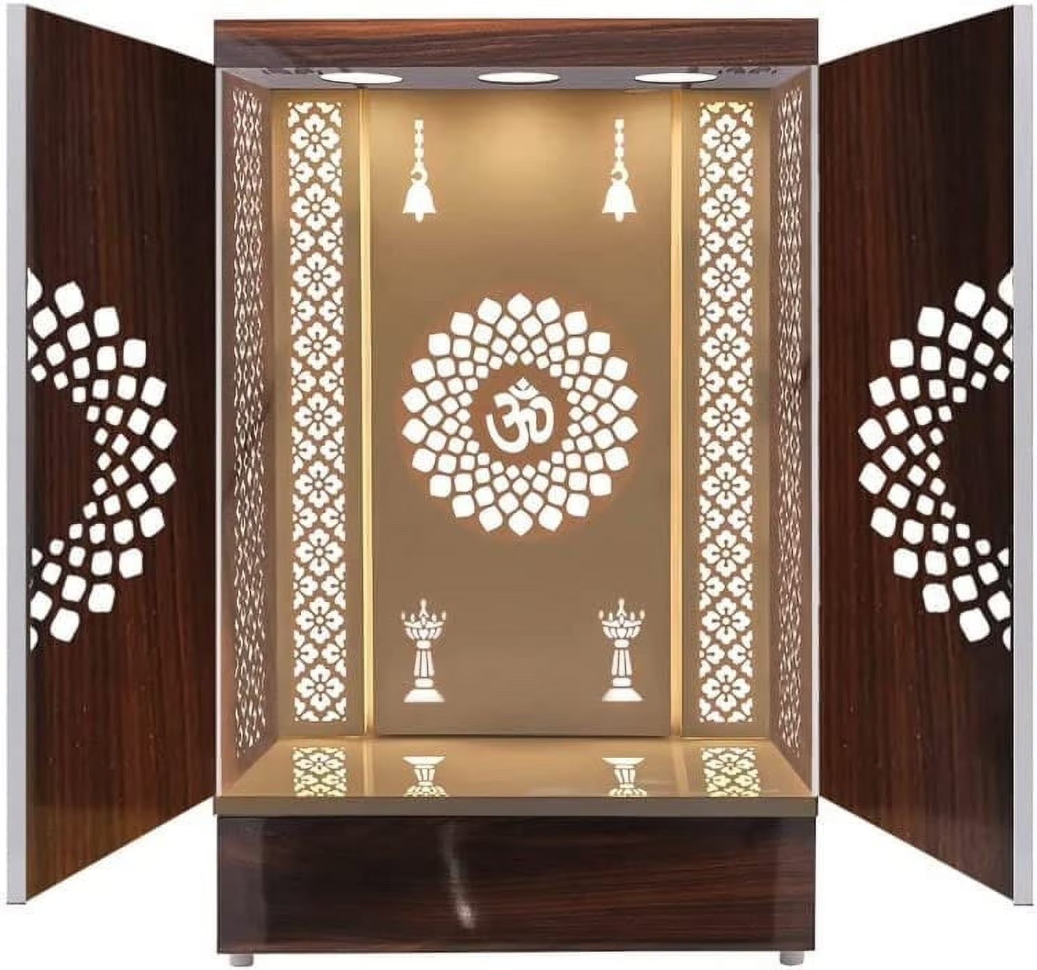 Wooden Designer Mandir with LED for Home & Office, Pooja Ghar with Storage