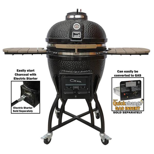 22" Ceramic Charcoal Grill, Black, w/ Cover, Cart, Side Shelves, 2 Cooking Grates & Ash Drawer